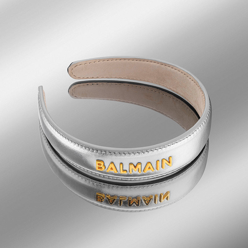 Обруч кожаный серебряный с логотипом «Вalmain»